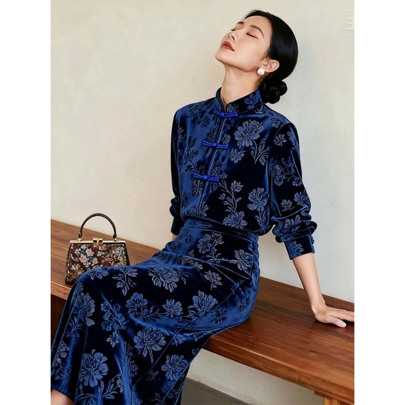 Women New Chinese Style Velvet - Midi Skirt Floral ulasan dan harga