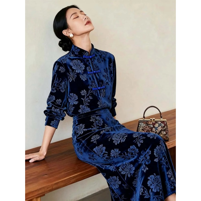Women New Chinese Style Velvet - Midi Skirt Floral ulasan dan harga