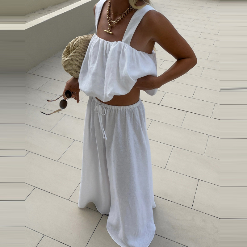 Women Elegant Sleeveless Solid - Linen Pant Wide ulasan dan harga