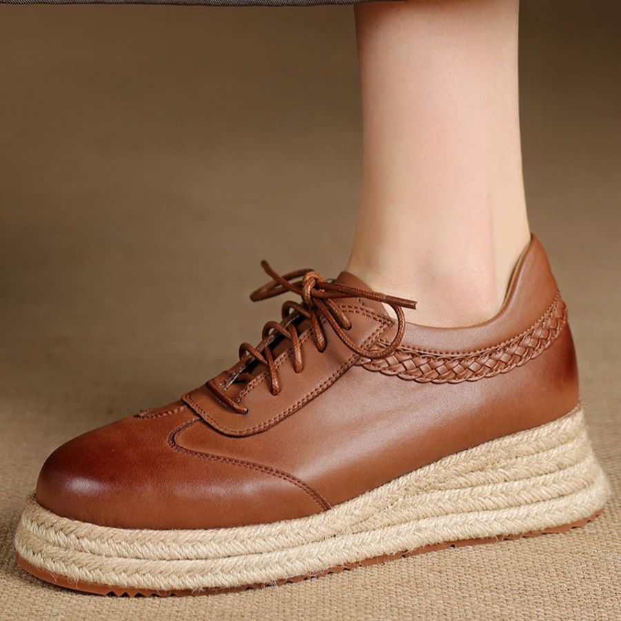 EAGSITY Cow Leather brown oxfo - Wedge Espadrille Women ulasan dan harga