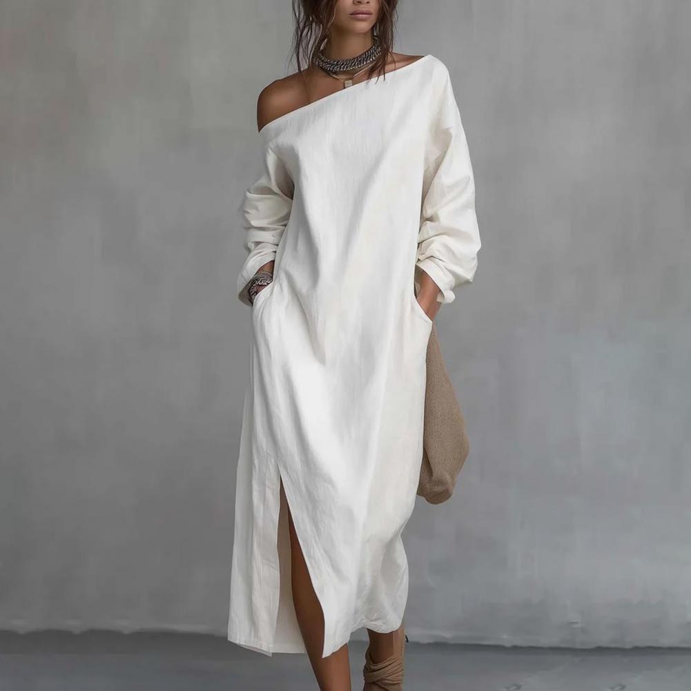 Women's One Shoulder Long Slee - Linen Dress Wrap ulasan dan harga